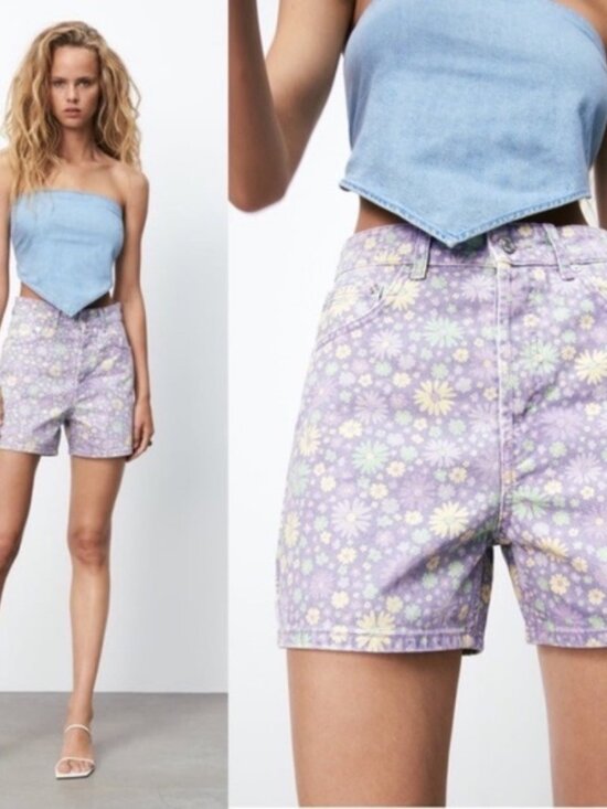 Zara Pants - Zara Floral Straight Fit High Waisted Denim Shorts Lilac